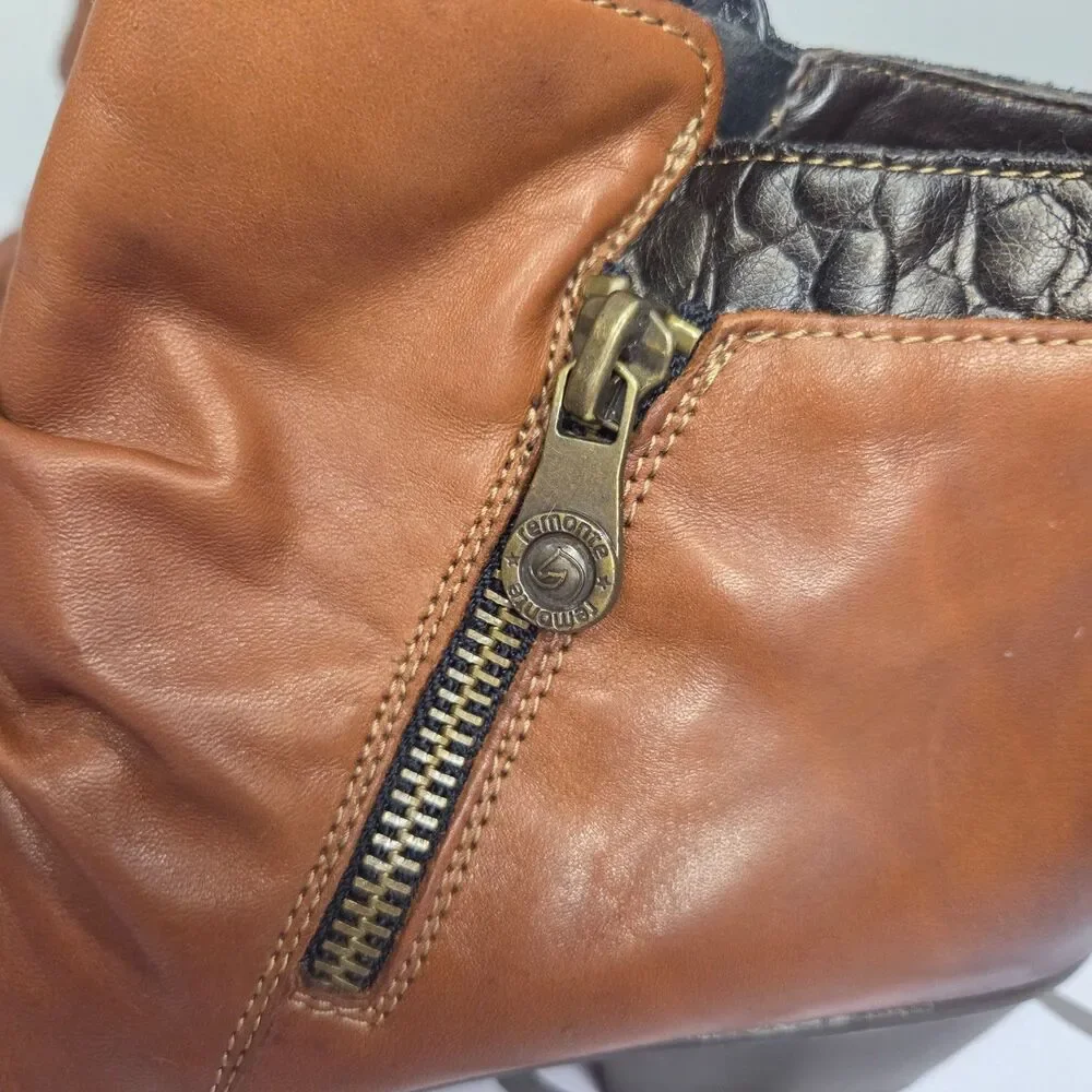 Remonte By Rieker Size 39 Womens Ruched Brown Leather Zip Up Ankle Boots Booties